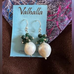 Fresh Water Pearl with Green Beaded Dangle Earrings